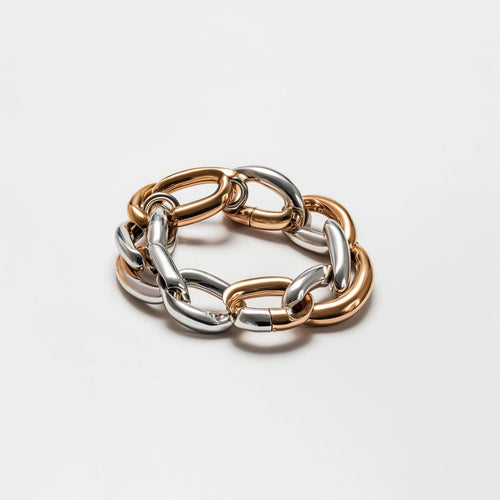 Two-tone chain bracelet with interlinked gold and silver links on a white background