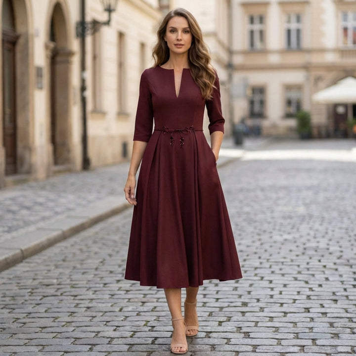 Women’s V Neck Midi Dress – A Line Satin
