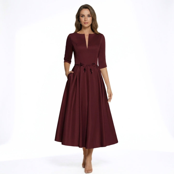 Women’s V Neck Midi Dress – A Line Satin