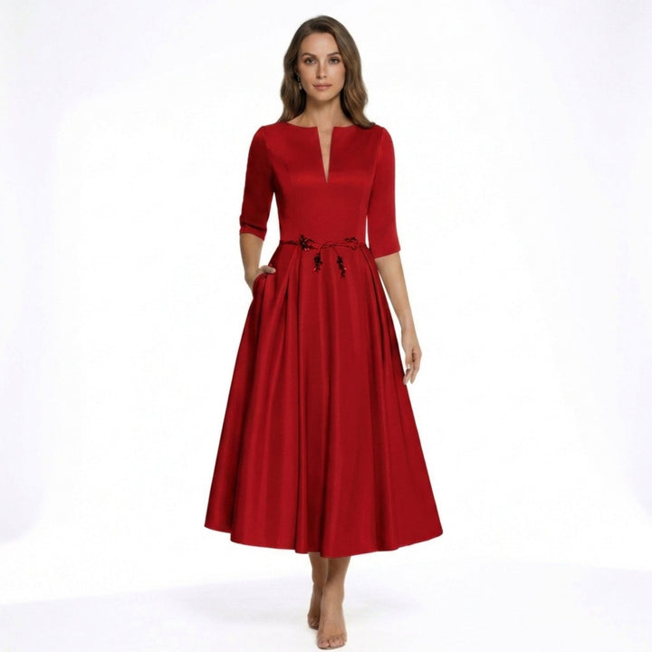 Women’s V Neck Midi Dress – A Line Satin