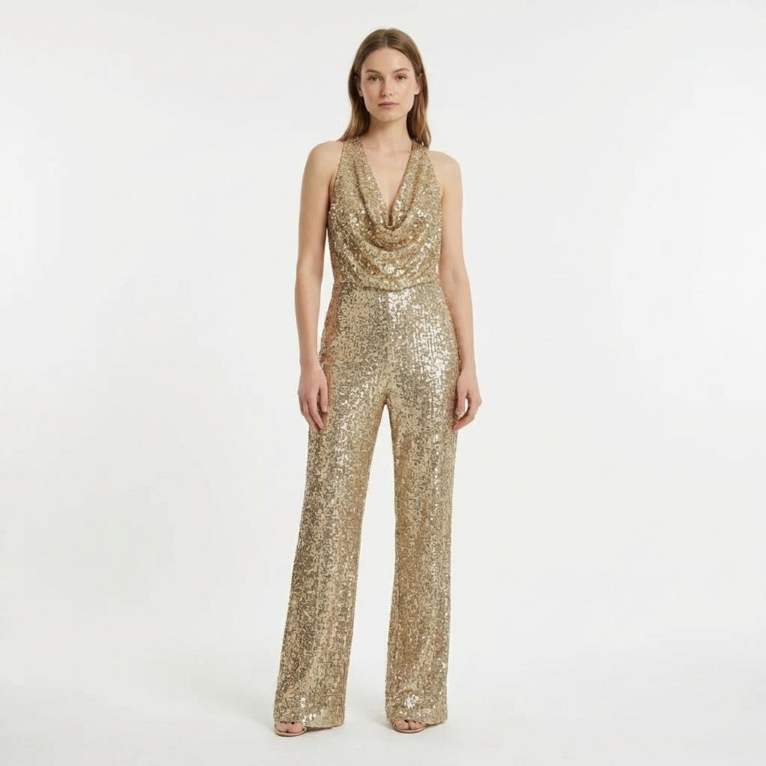 Women’s Halter Neck Jumpsuit – Wide Leg Draped Front