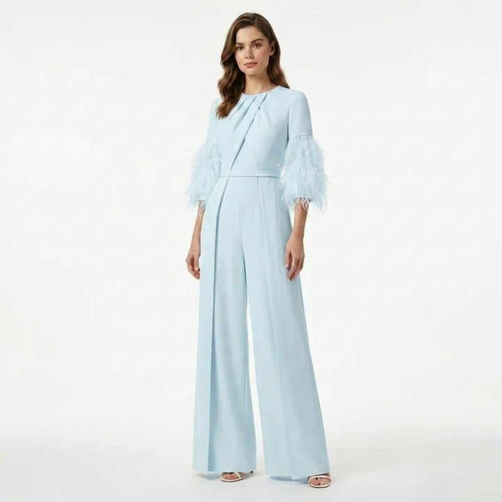 Women’s Jewel Neck Jumpsuit – Straight Leg Feather Sleeve