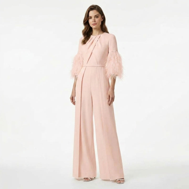 Women’s Jewel Neck Jumpsuit – Straight Leg Feather Sleeve