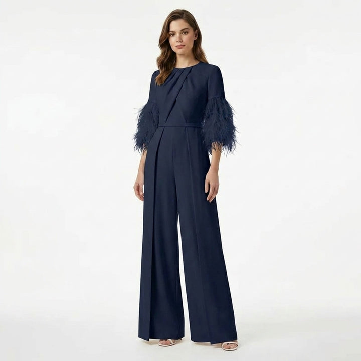 Women’s Jewel Neck Jumpsuit – Straight Leg Feather Sleeve