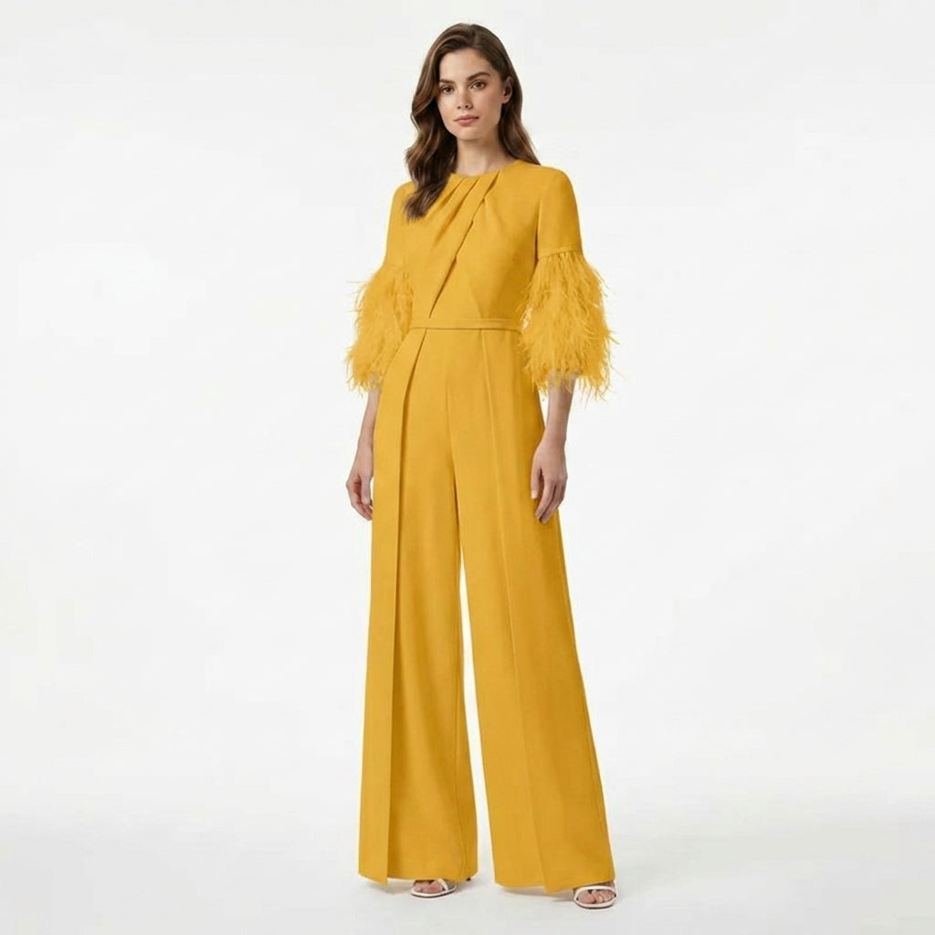 Women’s Jewel Neck Jumpsuit – Straight Leg Feather Sleeve