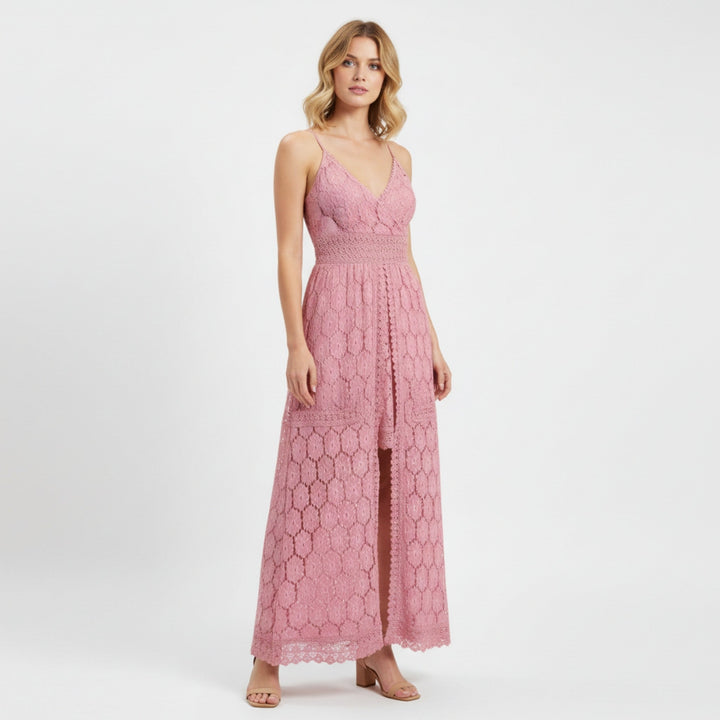 Women’s Lace Culotte Jumpsuit – V-Neck Long Length