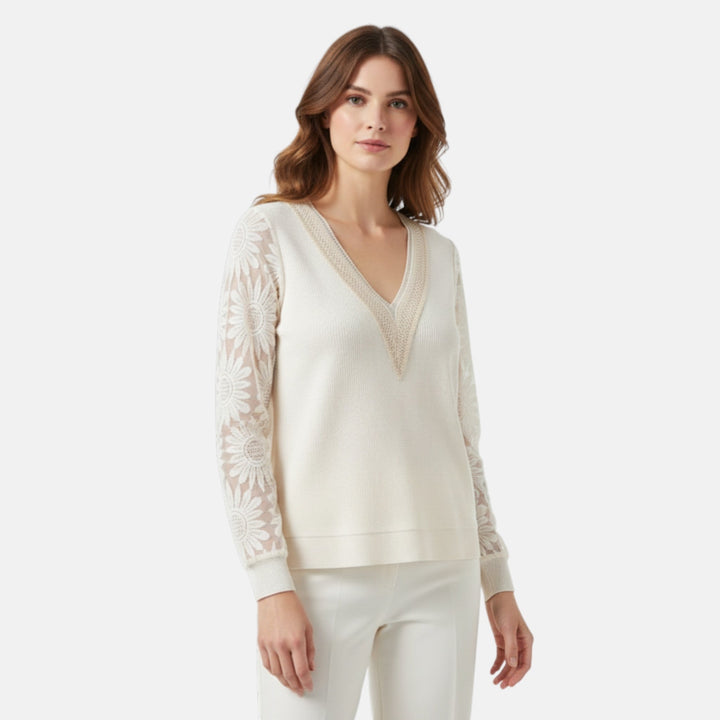 Women’s Lace Inset V-Neck Top – Lantern Sleeve Textured Design