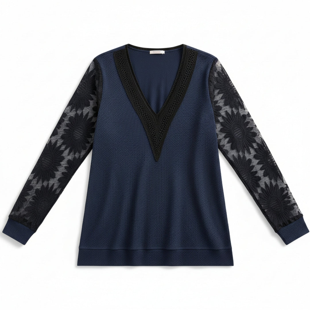Women’s Lace Inset V-Neck Top – Lantern Sleeve Textured Design