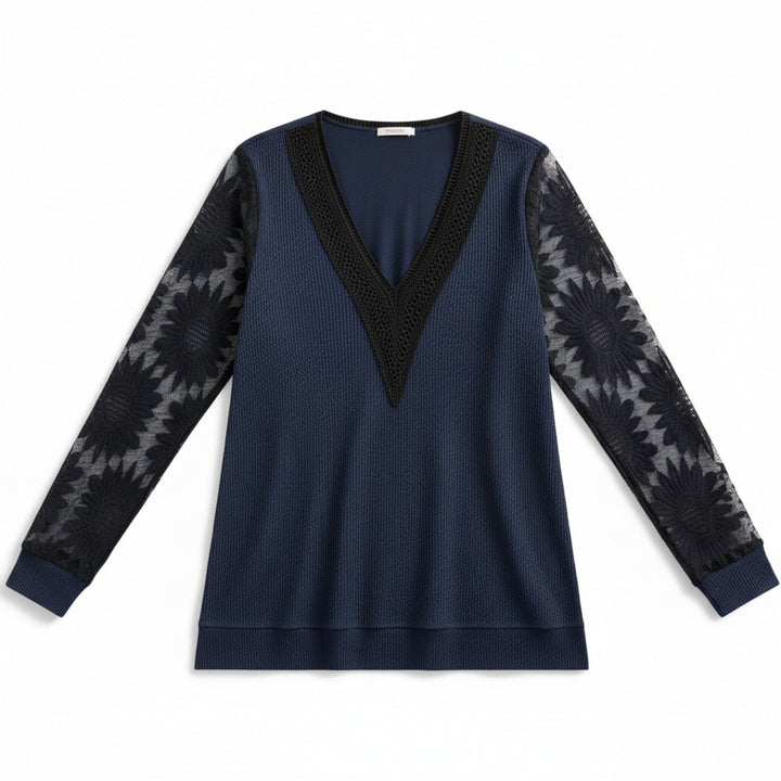 Women’s Lace Inset V-Neck Top – Lantern Sleeve Textured Design