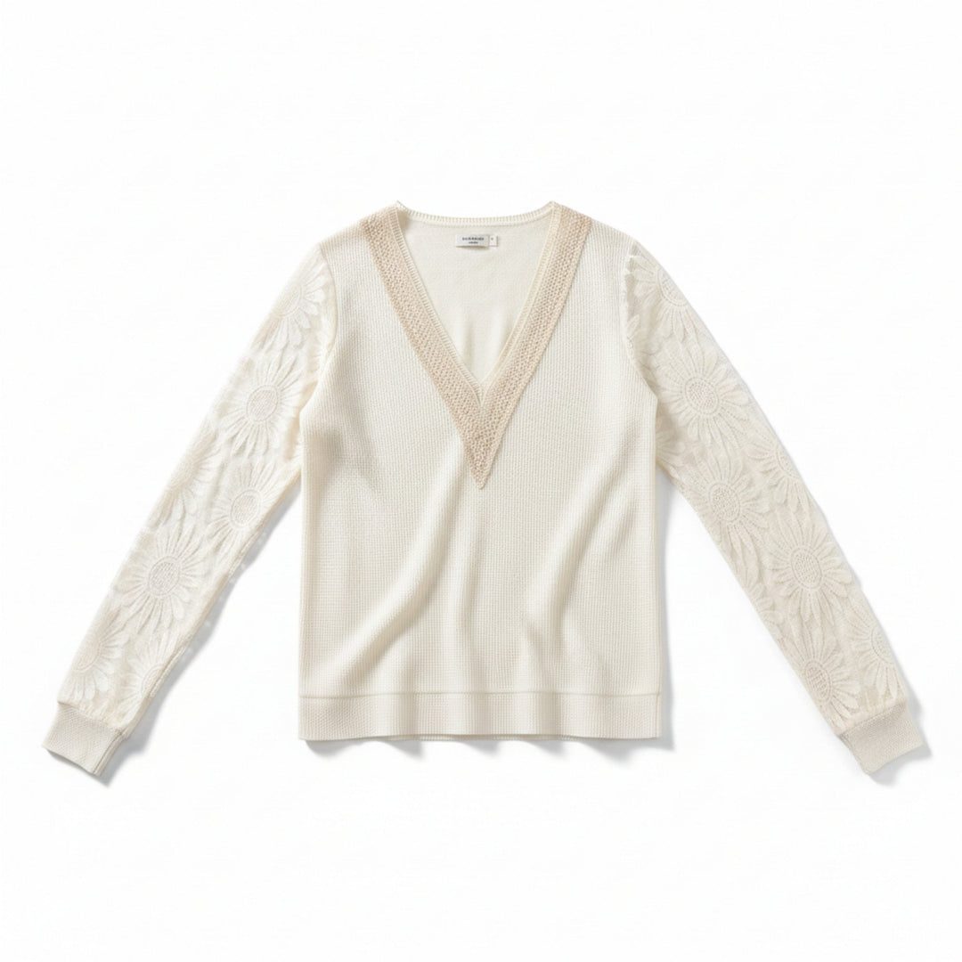 Women’s Lace Inset V-Neck Top – Lantern Sleeve Textured Design
