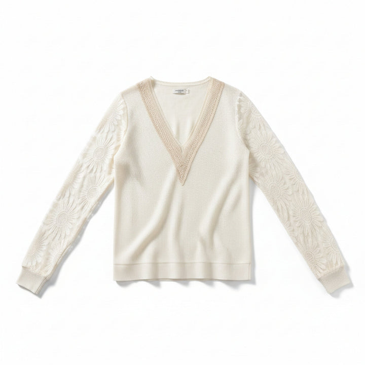 Women’s Lace Inset V-Neck Top – Lantern Sleeve Textured Design