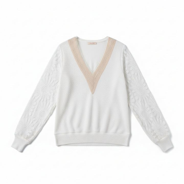 Women’s Lace Inset V-Neck Top – Lantern Sleeve Textured Design