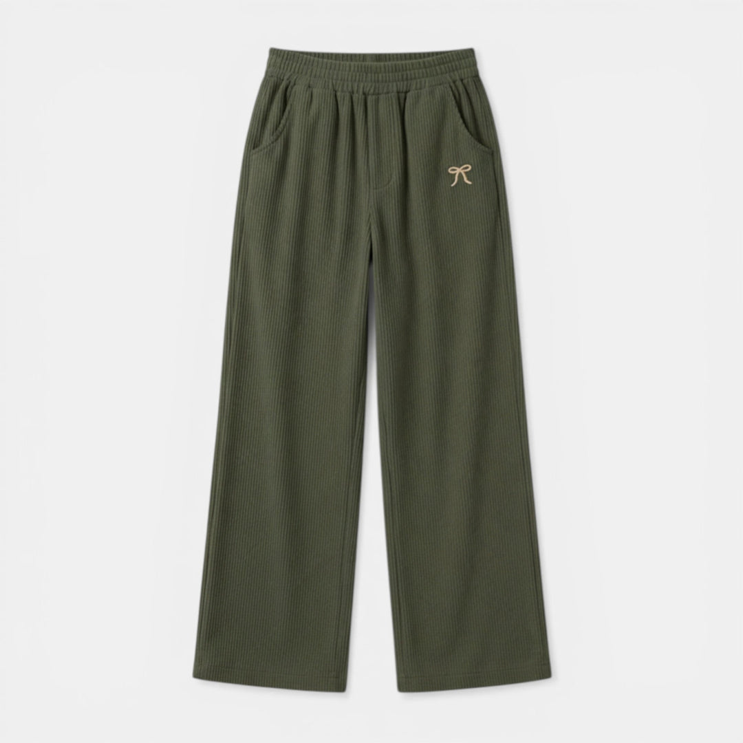 Women’s Ribbed Straight-Leg Pants – Embroidered Detail Design
