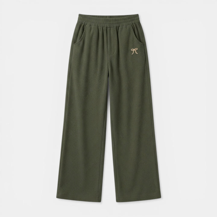 Women’s Ribbed Straight-Leg Pants – Embroidered Detail Design