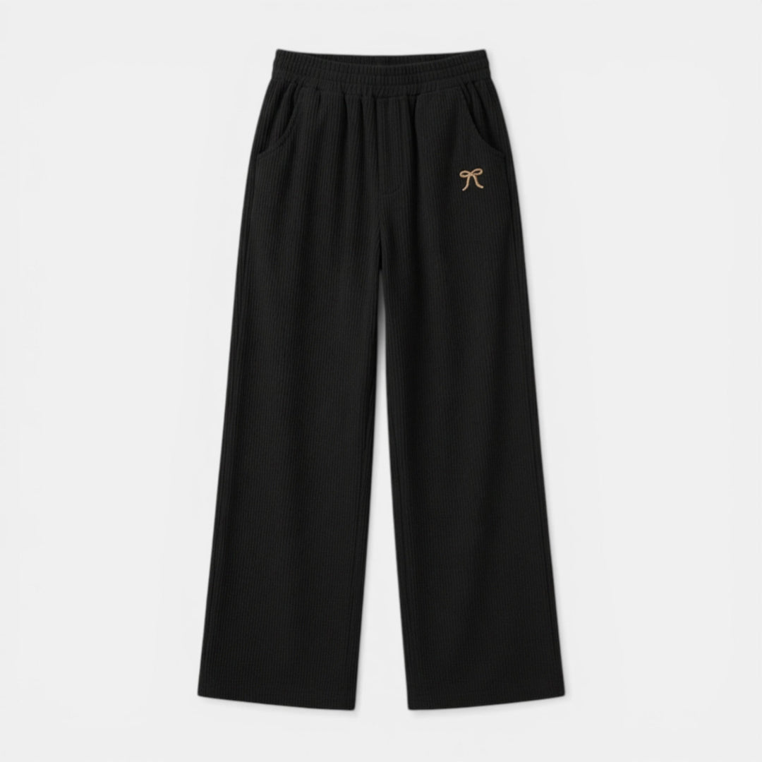 Women’s Ribbed Straight-Leg Pants – Embroidered Detail Design