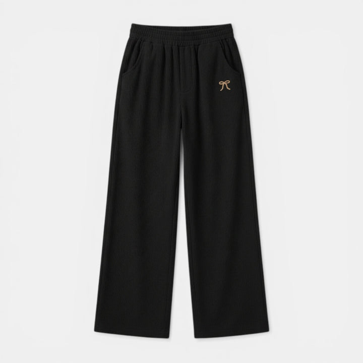 Women’s Ribbed Straight-Leg Pants – Embroidered Detail Design