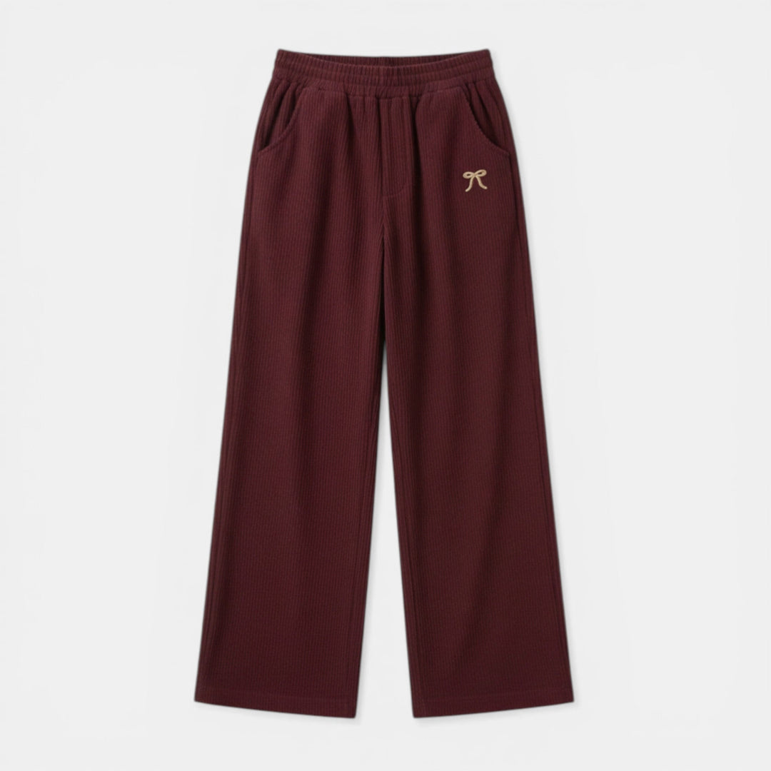Women’s Ribbed Straight-Leg Pants – Embroidered Detail Design