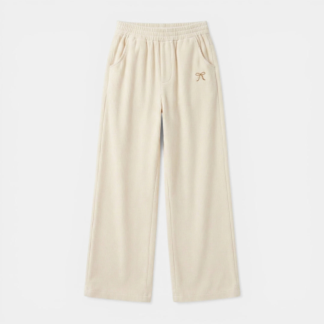 Women’s Ribbed Straight-Leg Pants – Embroidered Detail Design
