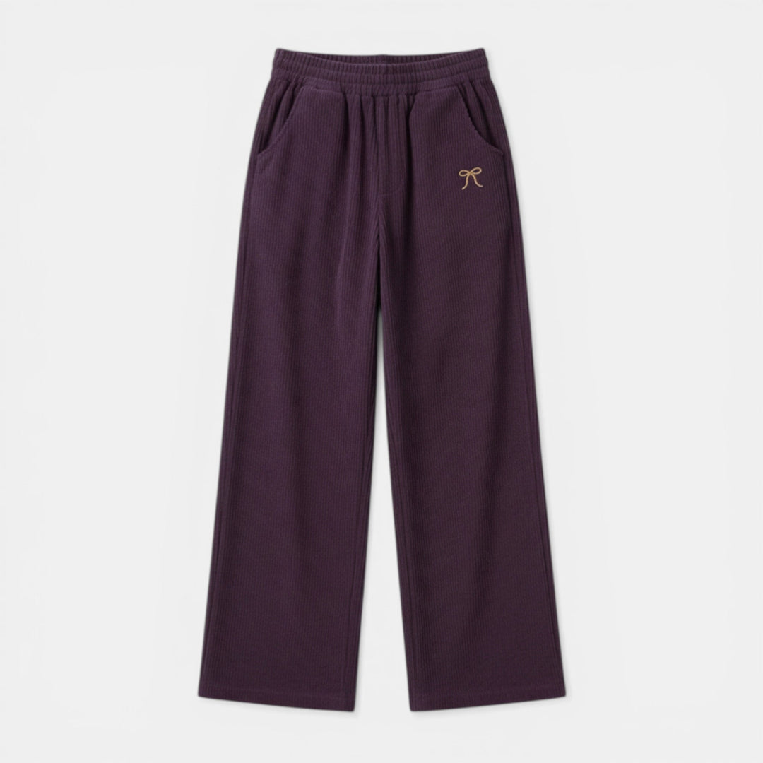 Women’s Ribbed Straight-Leg Pants – Embroidered Detail Design