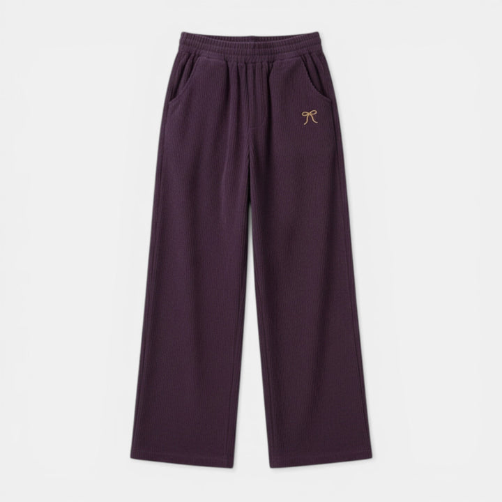 Women’s Ribbed Straight-Leg Pants – Embroidered Detail Design