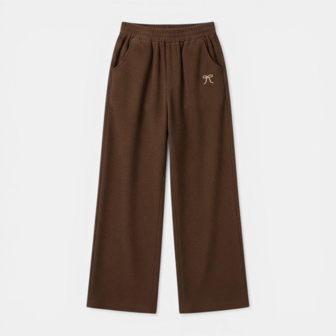 Women’s Ribbed Straight-Leg Pants – Embroidered Detail Design