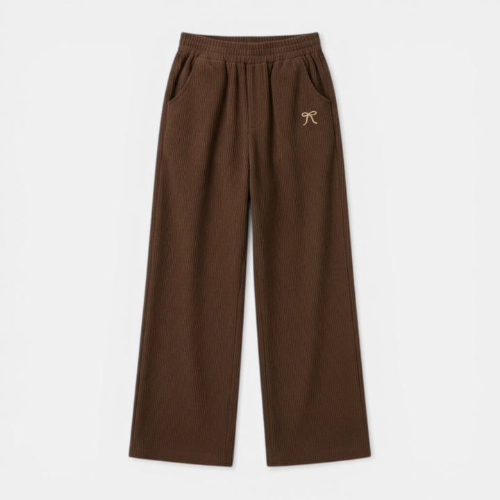 Women’s Ribbed Straight-Leg Pants – Embroidered Detail Design