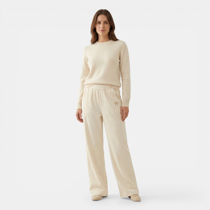 Women’s Ribbed Straight-Leg Pants – Embroidered Detail Design