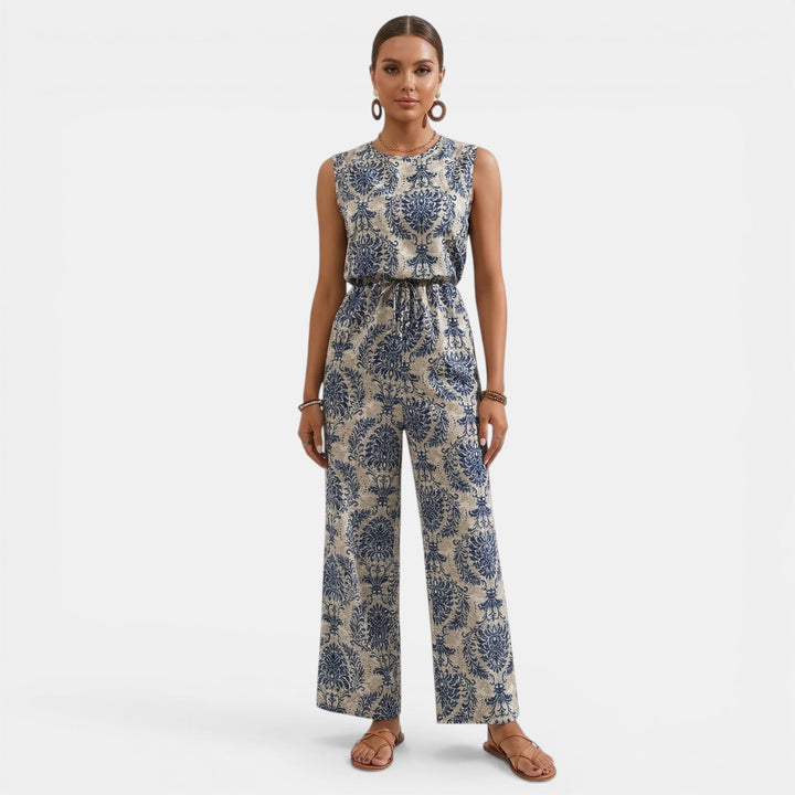 Women’s Sleeveless Printed Jumpsuit – Crew Neck Wide-Leg Style