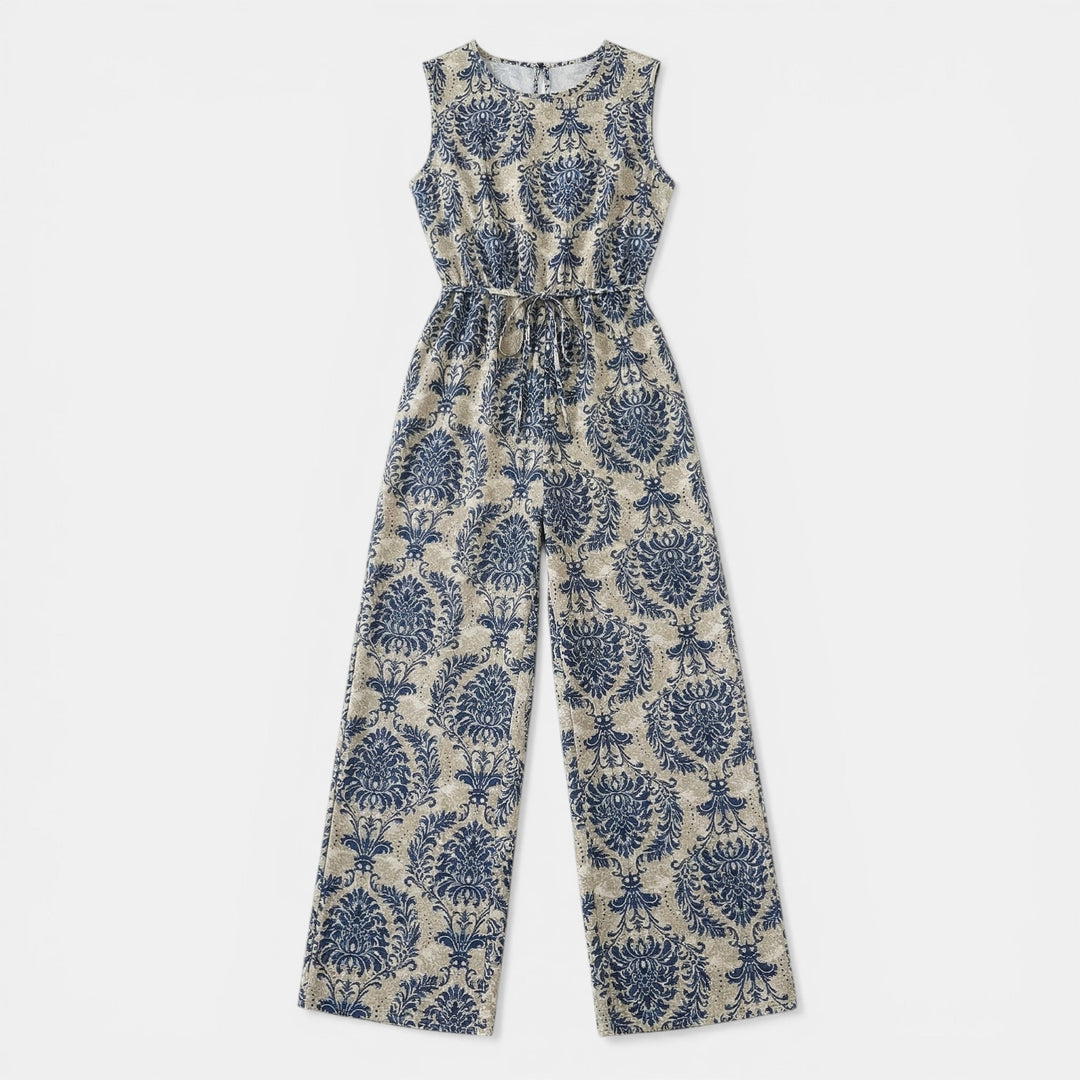Women’s Sleeveless Printed Jumpsuit – Crew Neck Wide-Leg Style