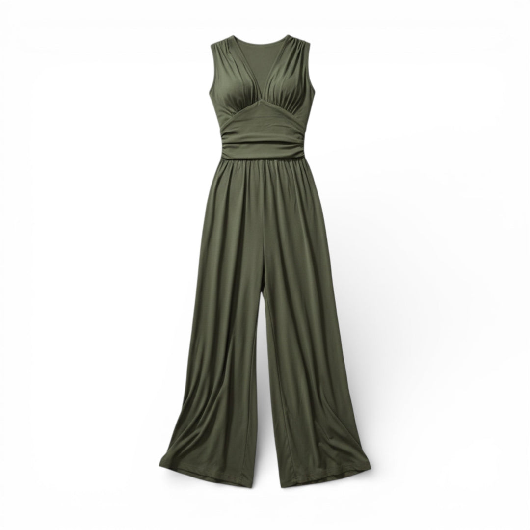 Women’s Sleeveless V-Neck Jumpsuit – Pleated Wide Leg Design
