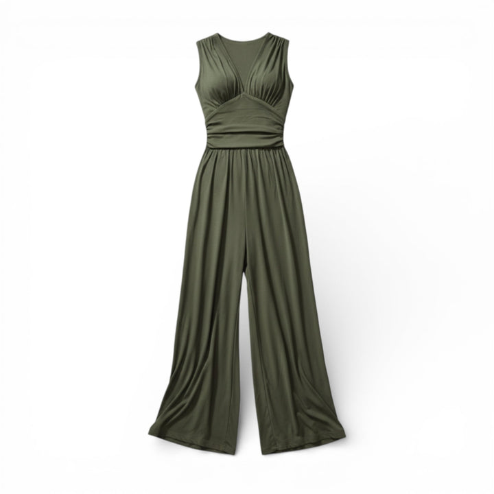 Women’s Sleeveless V-Neck Jumpsuit – Pleated Wide Leg Design
