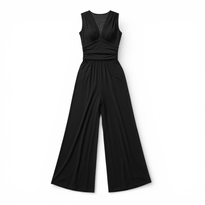 Women’s Sleeveless V-Neck Jumpsuit – Pleated Wide Leg Design