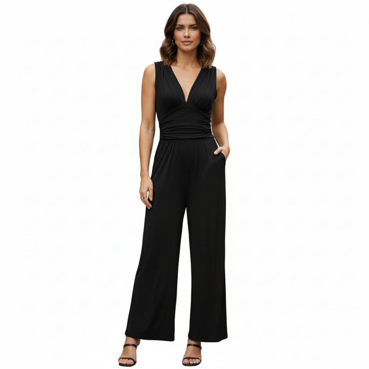 Women’s Sleeveless V-Neck Jumpsuit – Pleated Wide Leg Design