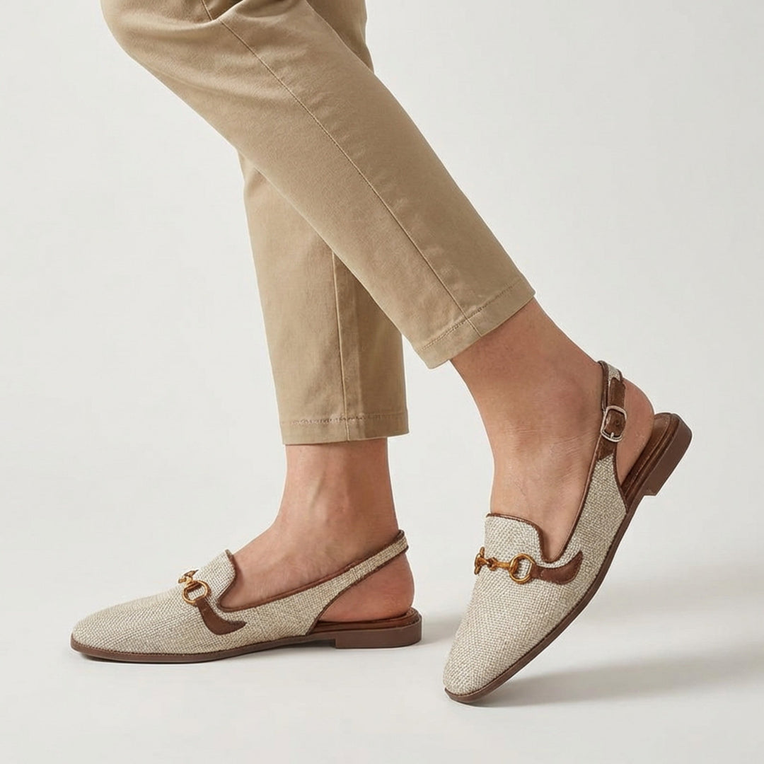 Women’s Square Toe Slingback Flats – Buckle Detail Woven Upper