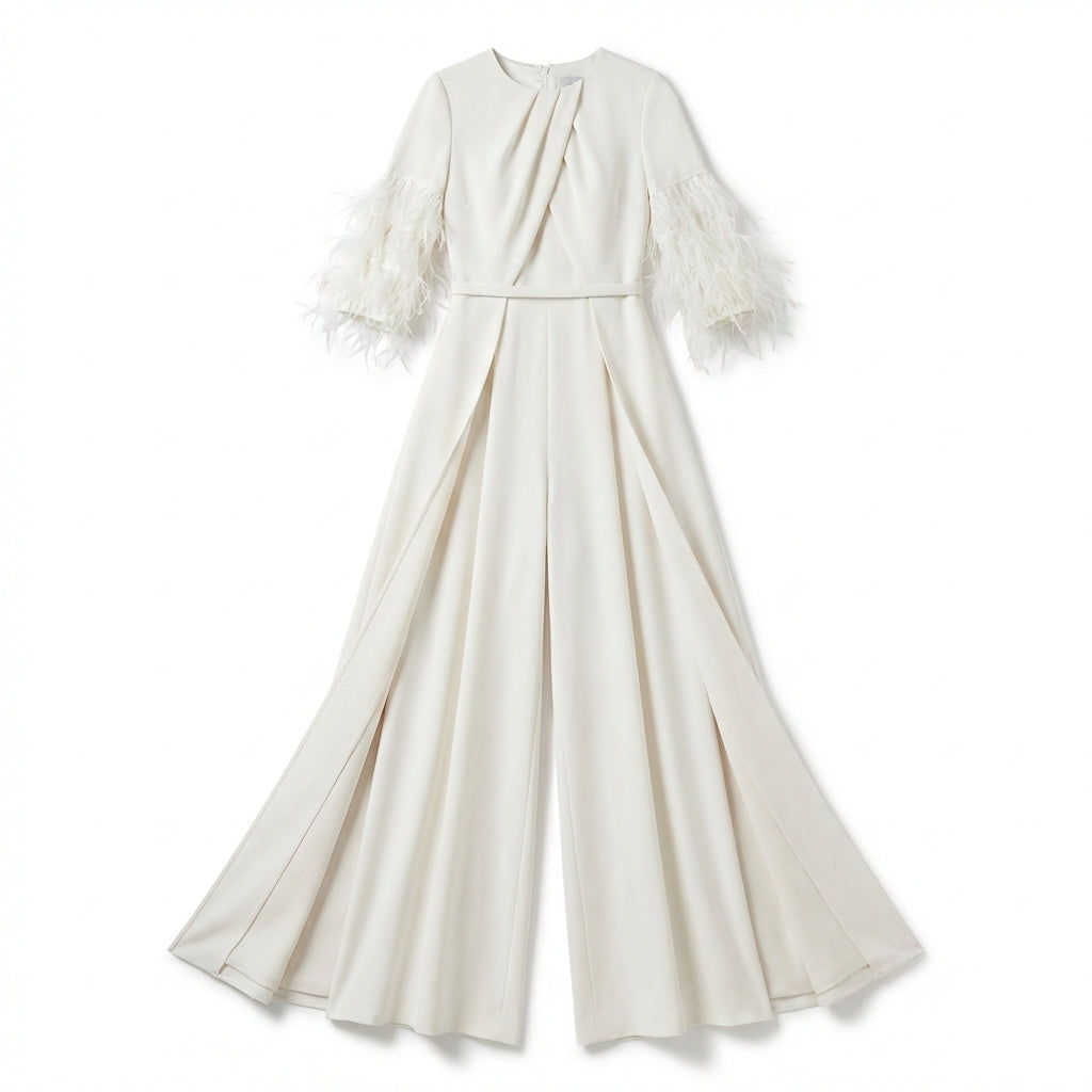 Women’s Jewel Neck Jumpsuit – Straight Leg Feather Sleeve