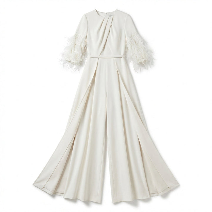 Women’s Jewel Neck Jumpsuit – Straight Leg Feather Sleeve