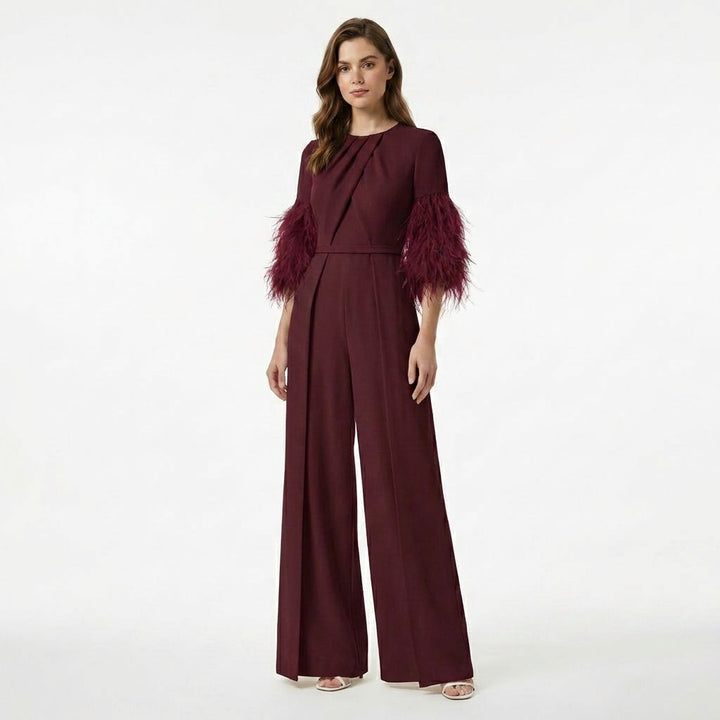 Women’s Jewel Neck Jumpsuit – Straight Leg Feather Sleeve