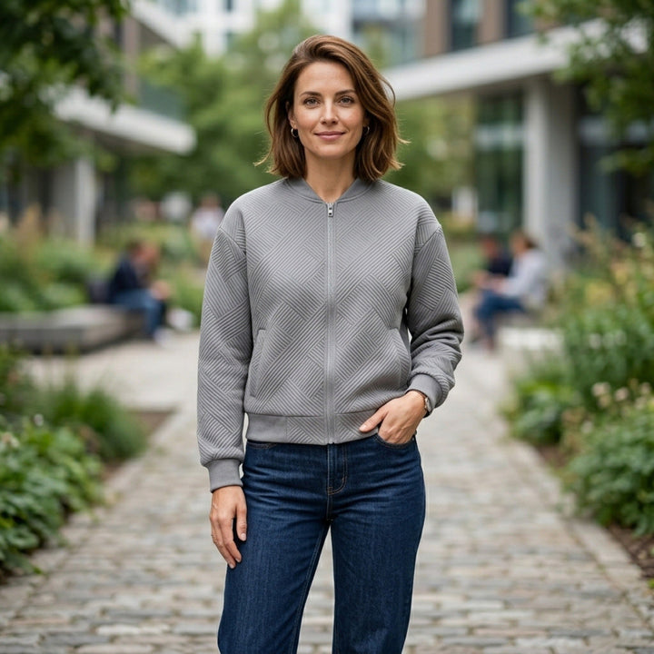 Women’s Textured Zip-Up Jacket – Stand Collar Design