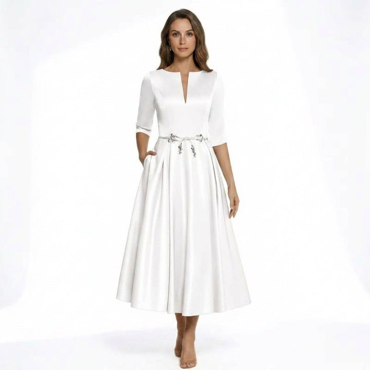 Women’s V Neck Midi Dress – A Line Satin