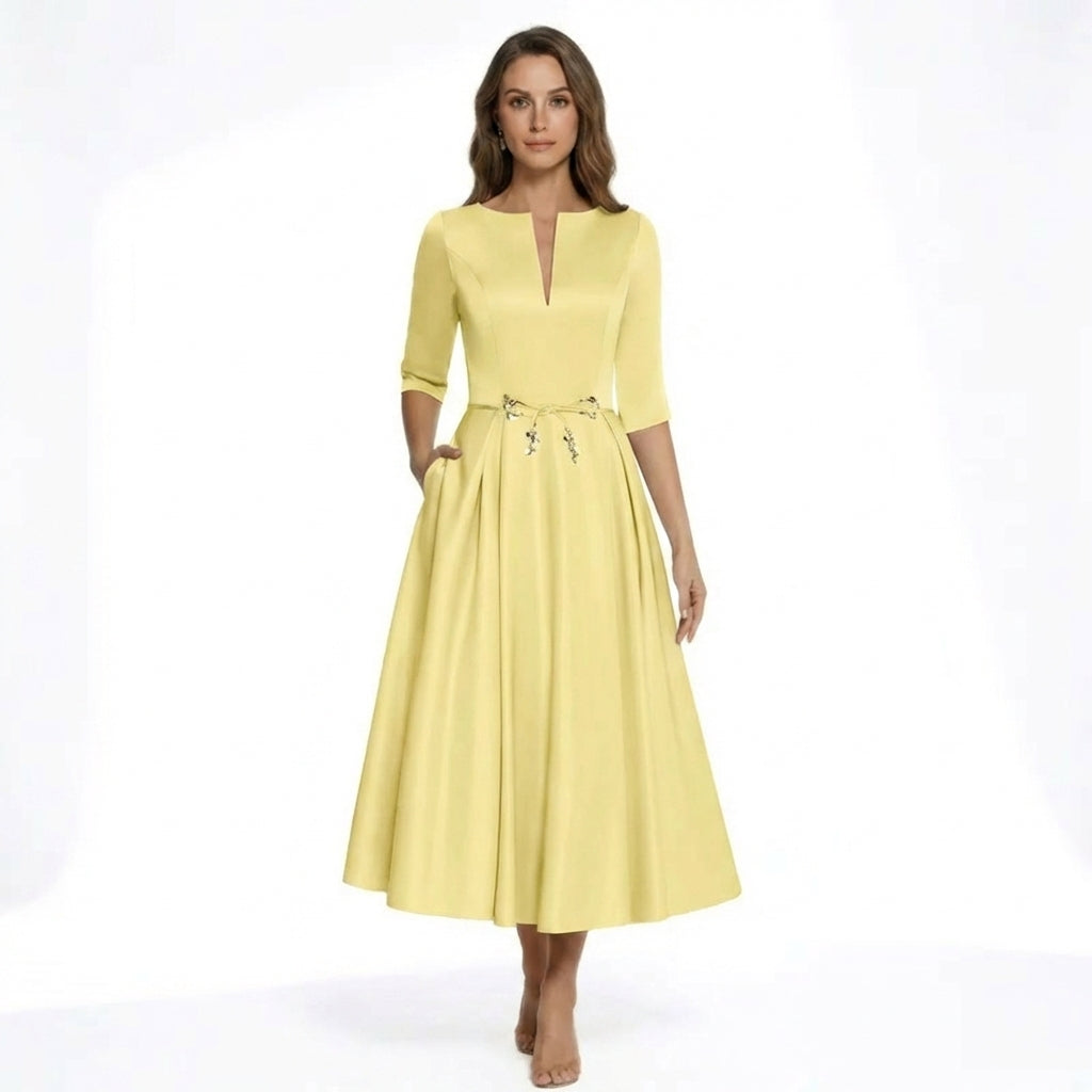 Women’s V Neck Midi Dress – A Line Satin