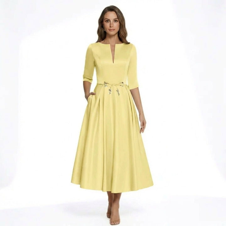 Women’s V Neck Midi Dress – A Line Satin