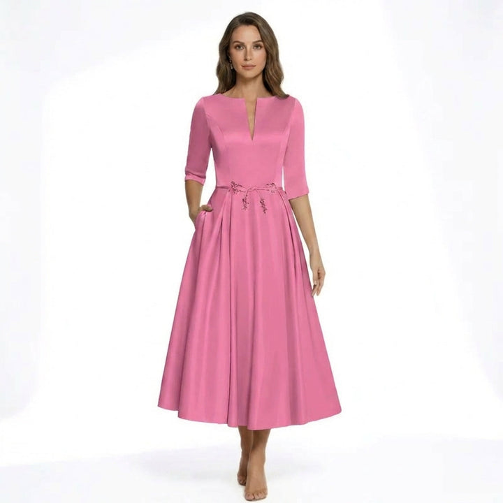 Women’s V Neck Midi Dress – A Line Satin