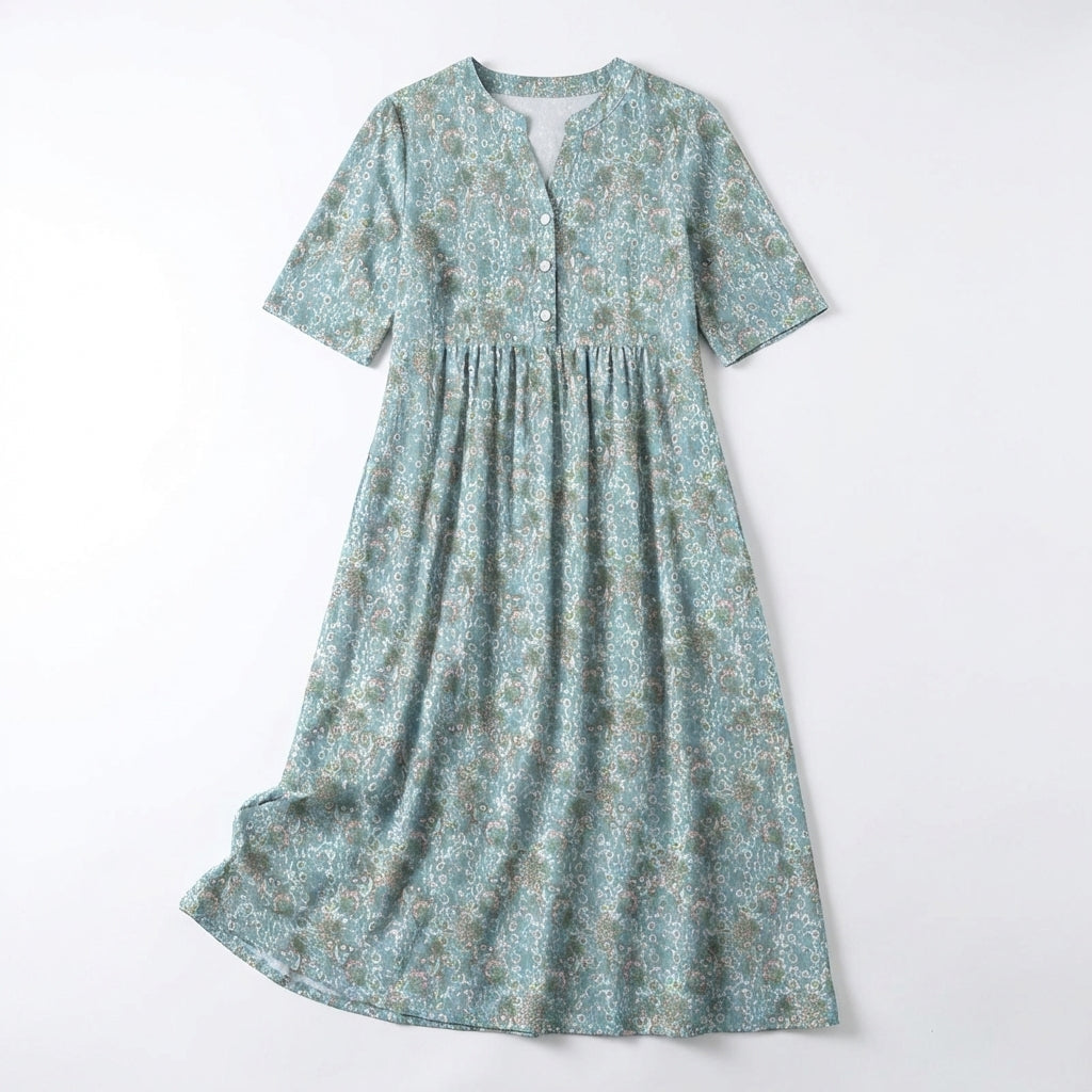 Women’s V Neck Midi Dress – Button Front Printed