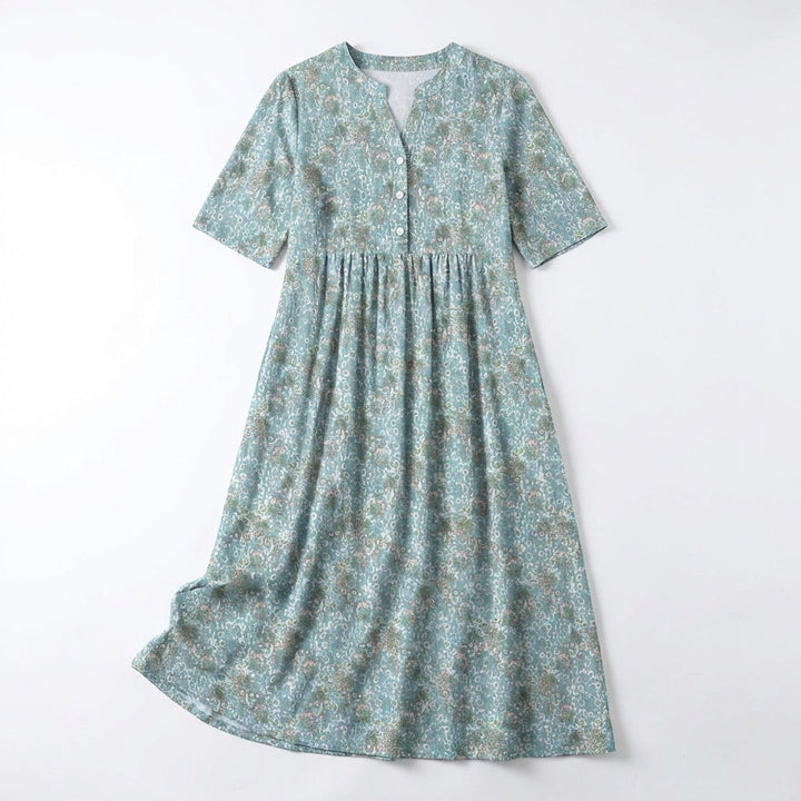 Women’s V Neck Midi Dress – Button Front Printed