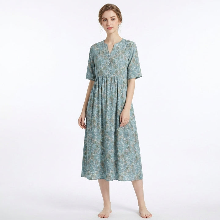 Women’s V Neck Midi Dress – Button Front Printed