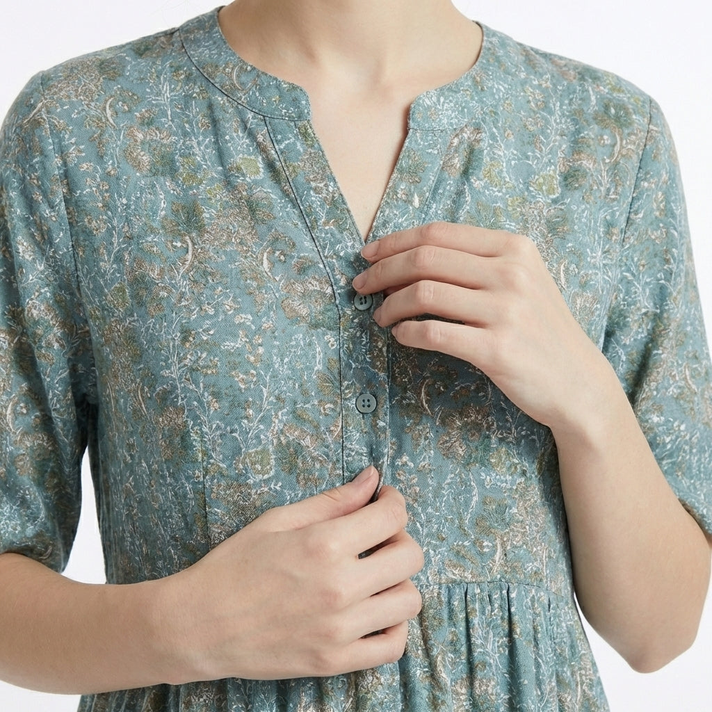 Women’s V Neck Midi Dress – Button Front Printed