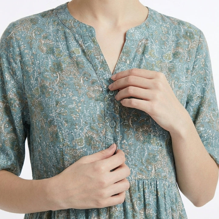 Women’s V Neck Midi Dress – Button Front Printed