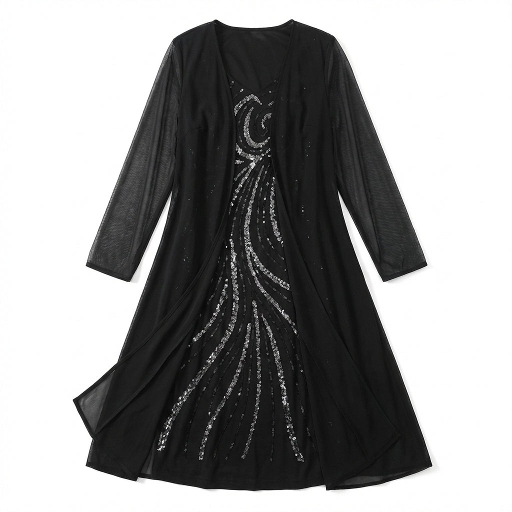 Women’s V Neck Midi Dress – Sheath Sequin Jacket Set