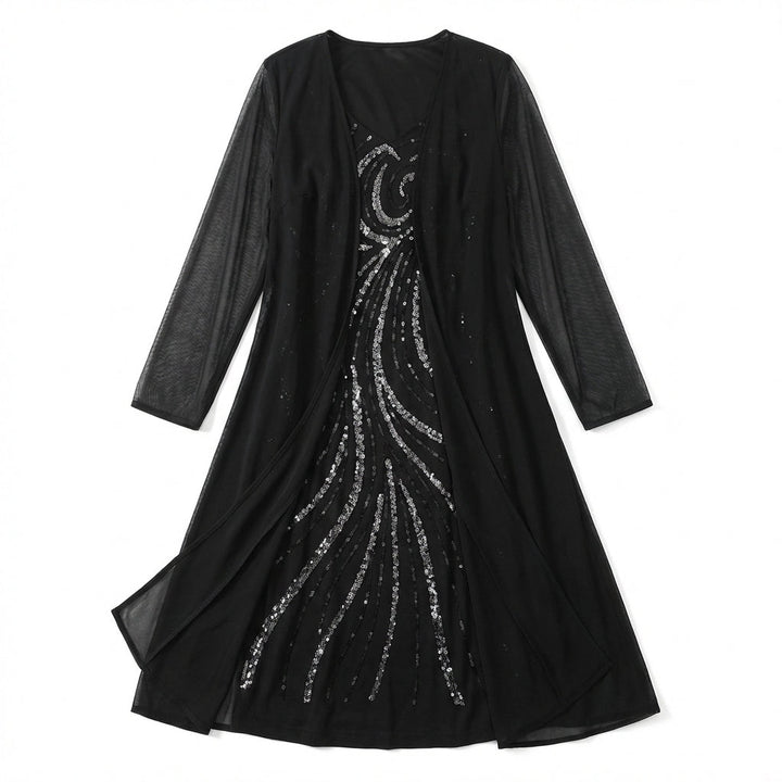 Women’s V Neck Midi Dress – Sheath Sequin Jacket Set