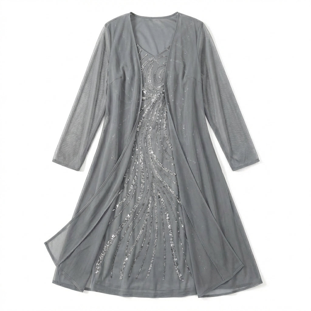 Women’s V Neck Midi Dress – Sheath Sequin Jacket Set